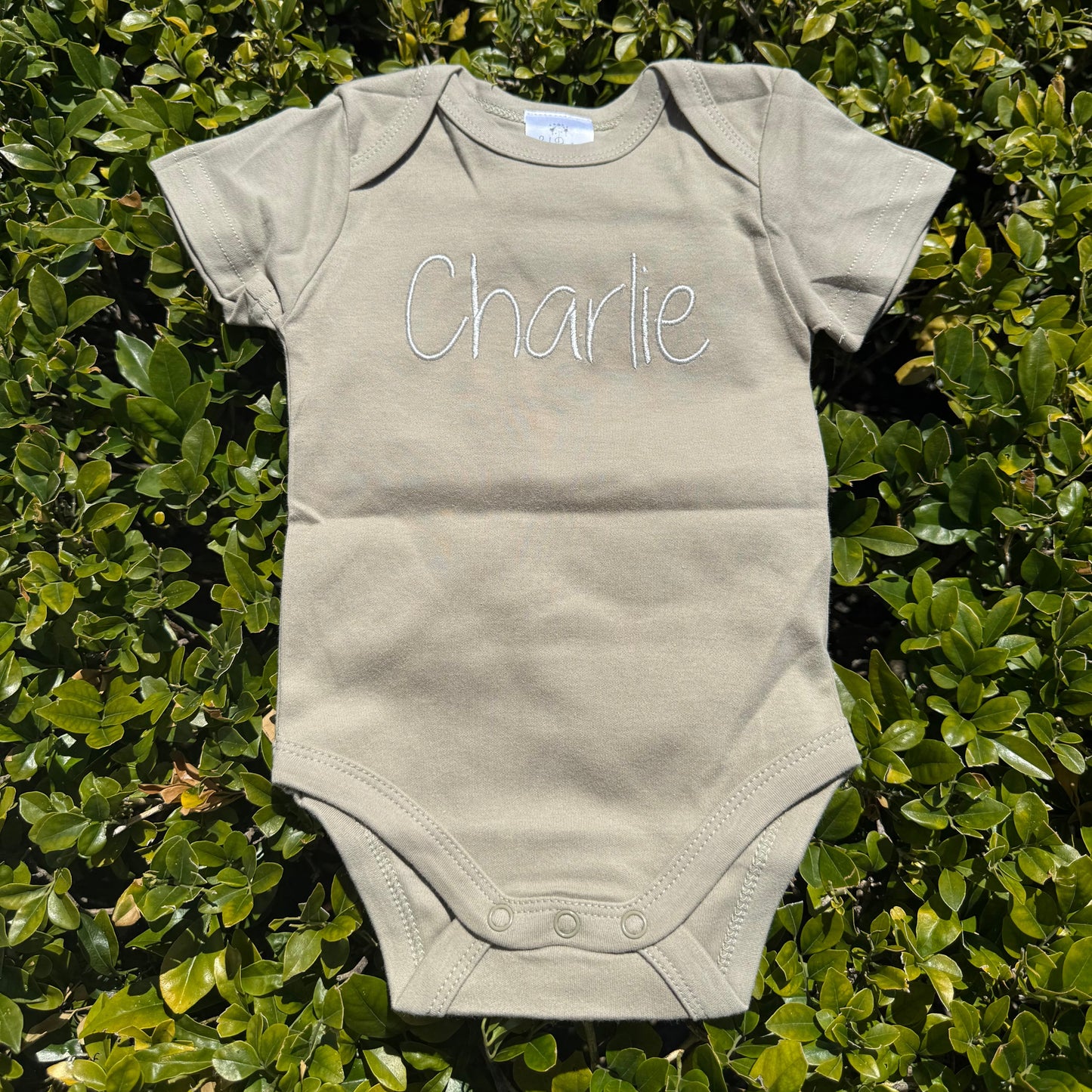 Sage green baby onesie with 'Charlie' printed on it, lying on green foliage.
