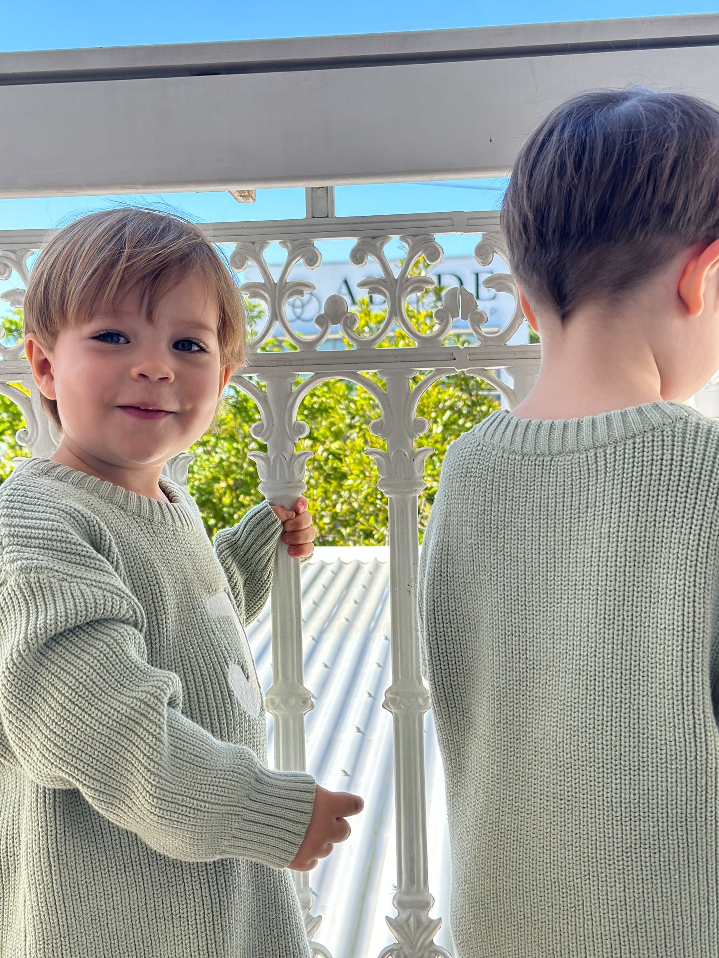 Personalised Baby Sweaters I Sage (sprout), grey-blue (sky), mocha (earth)