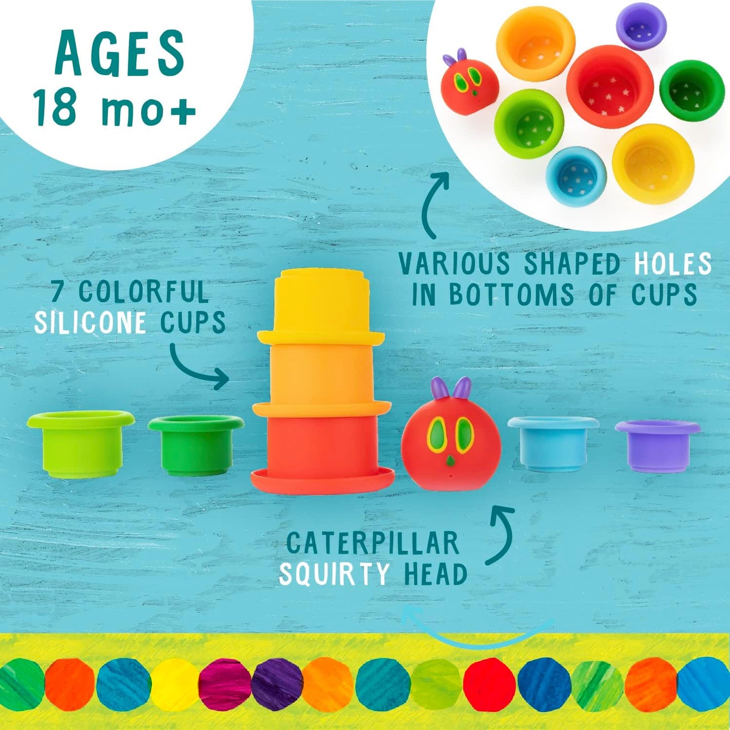 The World Of Eric Carle The Very Hungry Caterpillar Silicone Stacking Cups and Squirty Set (Pack of 8), Multicolour