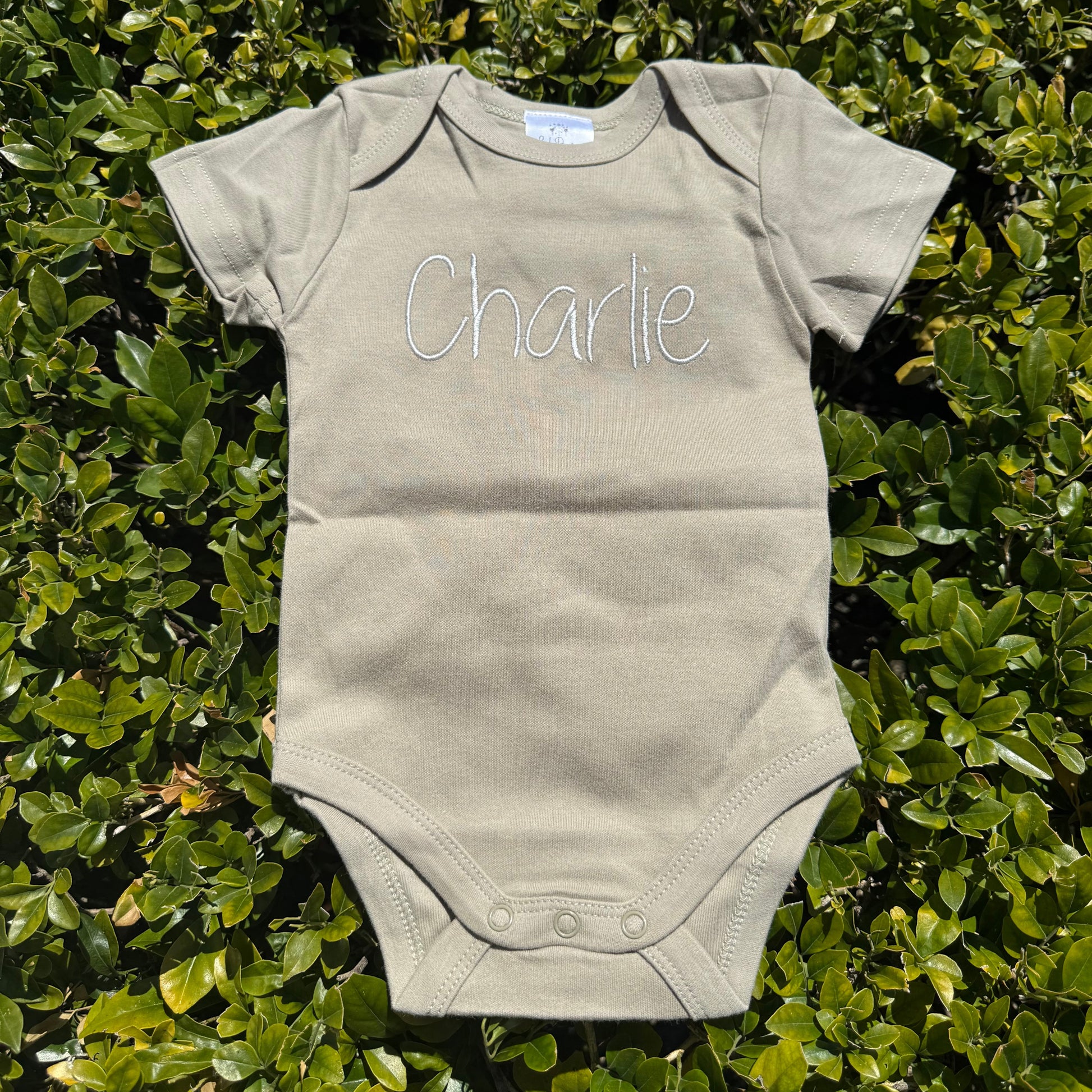 Sage green baby onesie with 'Charlie' printed on it, lying on green foliage.
