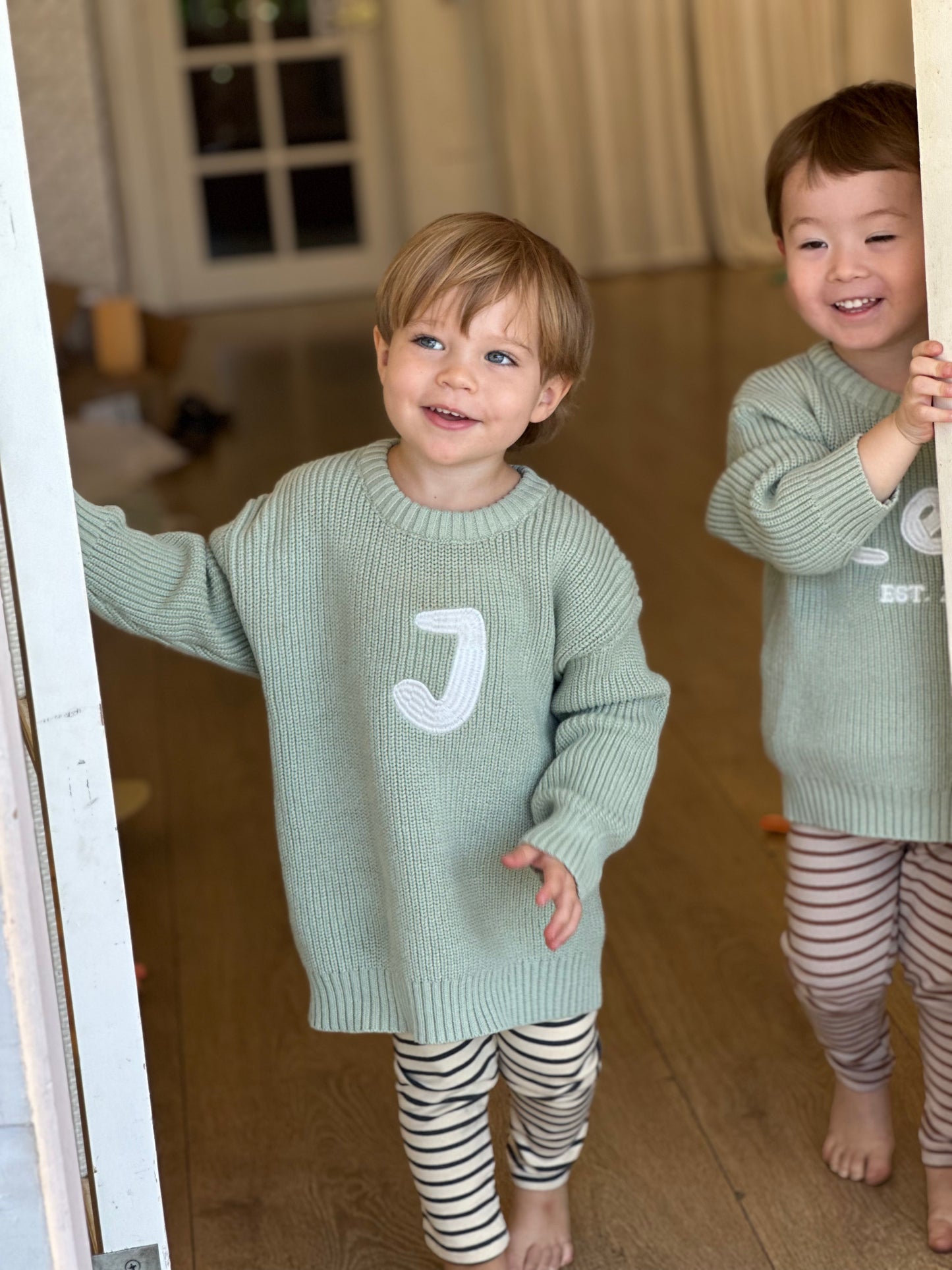 Personalised Baby Sweaters I Sage (sprout), grey-blue (sky), mocha (earth)