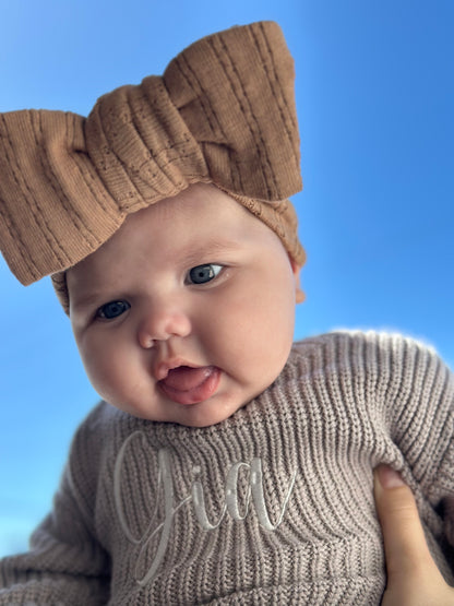 Personalised Baby Sweaters I Sage (sprout), grey-blue (sky), mocha (earth)