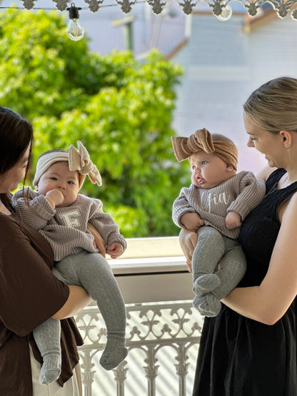 Personalised Baby Sweaters I Sage (sprout), grey-blue (sky), mocha (earth)