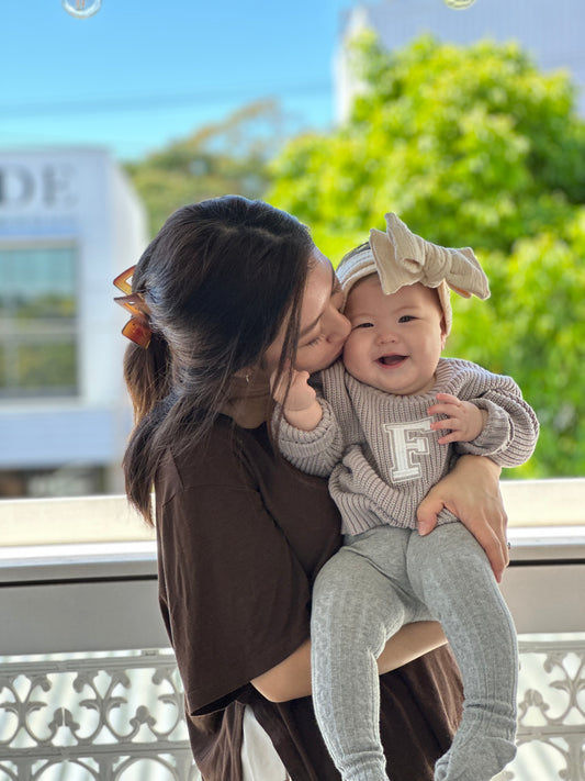 Personalised Baby Sweaters I Sage (sprout), grey-blue (sky), mocha (earth)