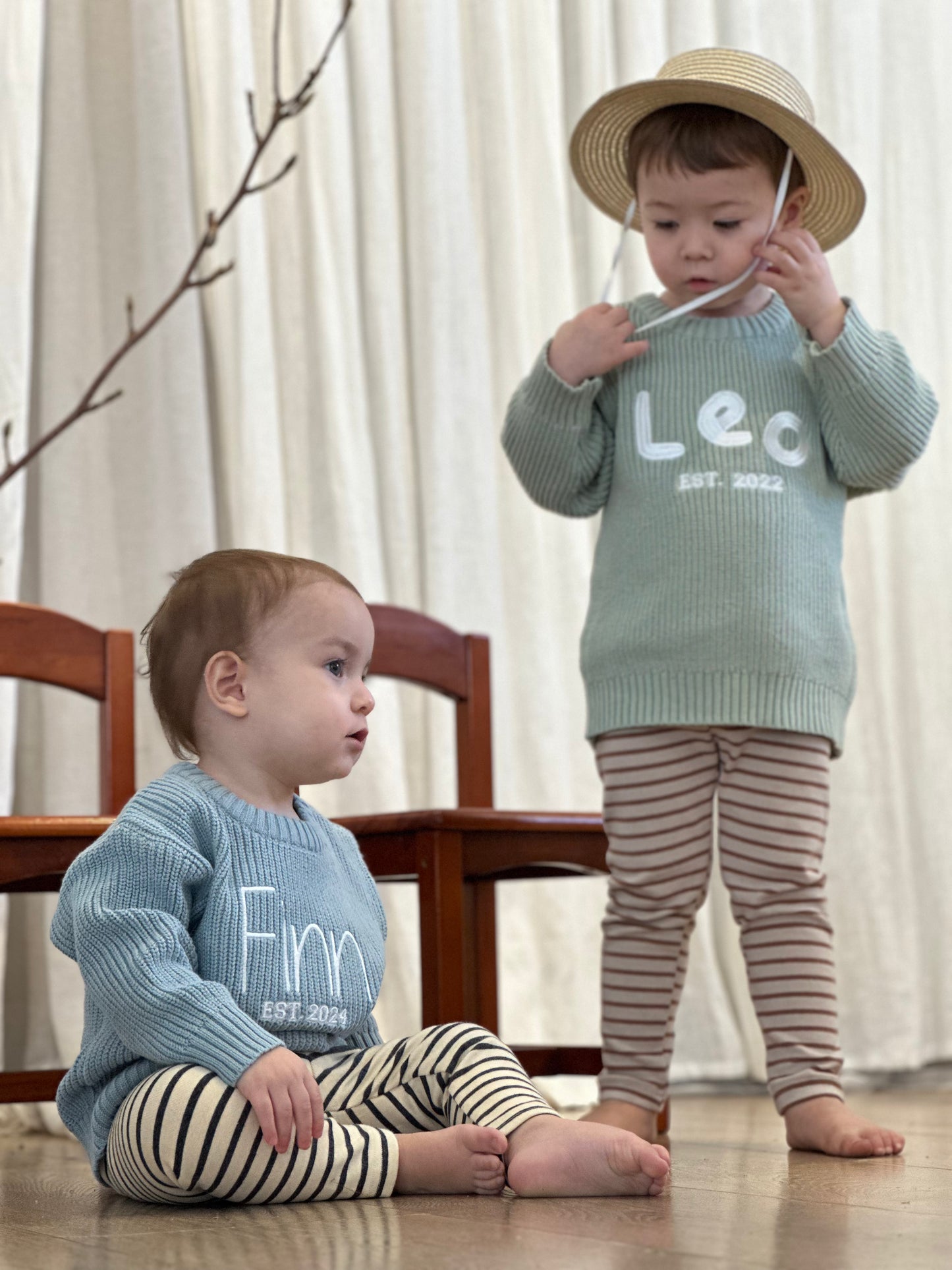 Personalised Baby Sweaters I Sage (sprout), grey-blue (sky), mocha (earth)