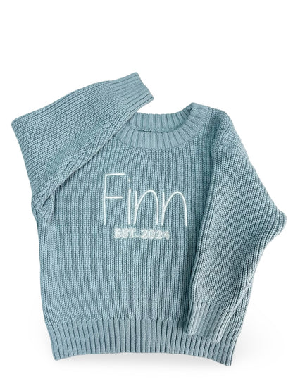 Personalised Baby Sweaters I Sage (sprout), grey-blue (sky), mocha (earth)