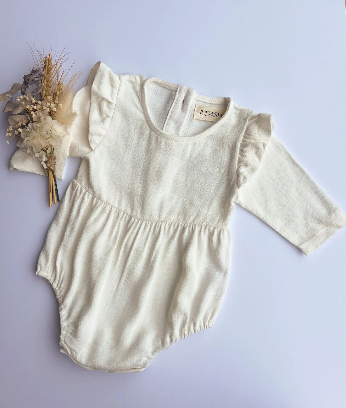 White Flutter Romper - Long Sleeve