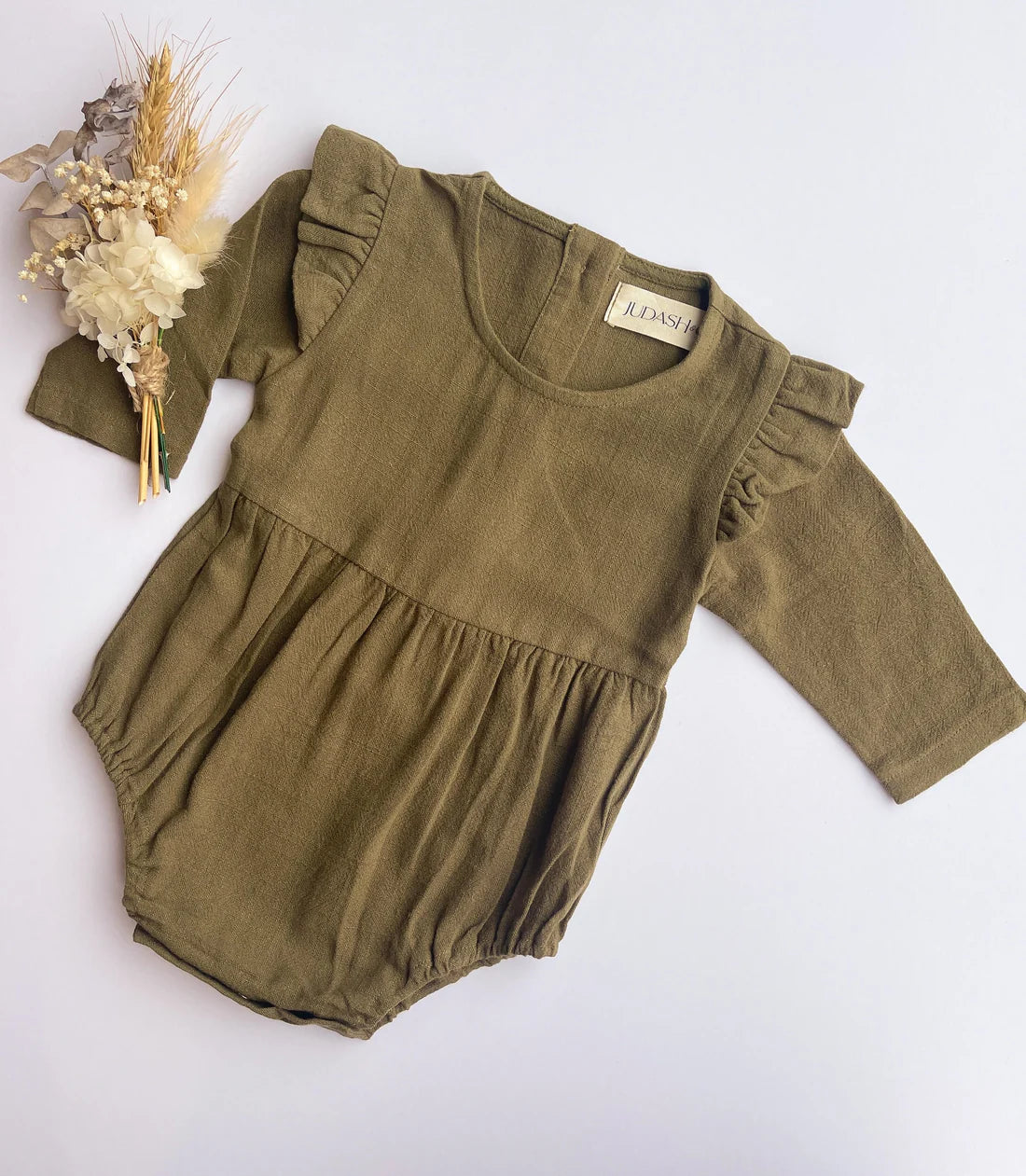 Khaki Flutter Romper - Long Sleeve