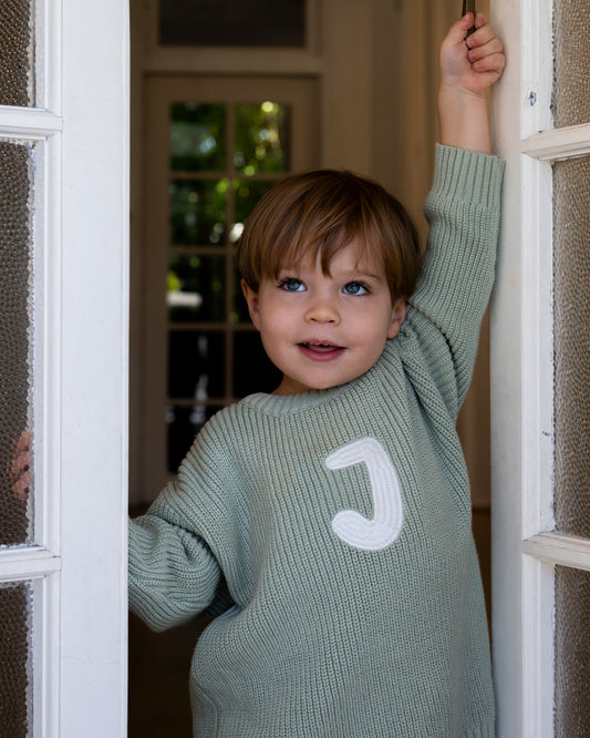 Personalised Baby Sweaters I Sage (sprout), grey-blue (sky), mocha (earth)