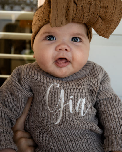 Personalised Baby Sweaters I Sage (sprout), grey-blue (sky), mocha (earth)