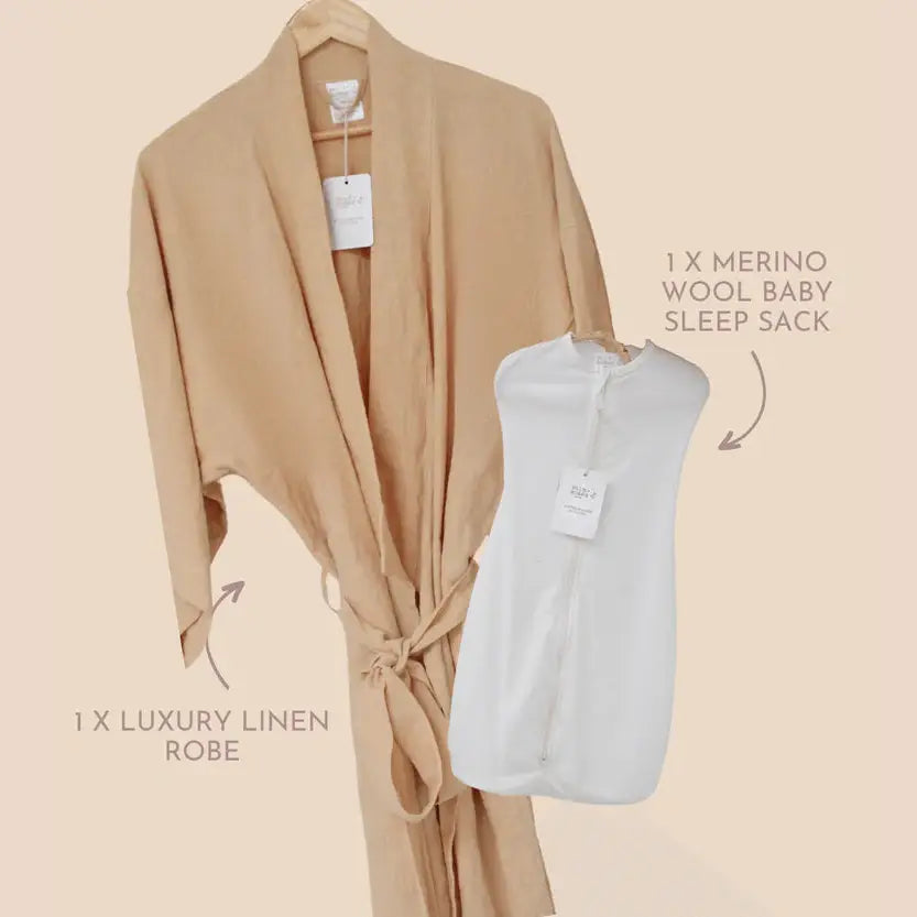 Mum & Newborn Baby Gift Set | Baby Zip Swaddle | Luxury Linen Bathrobe