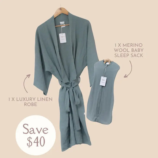 Mum & Newborn Baby Gift Set | Baby Zip Swaddle | Luxury Linen Bathrobe